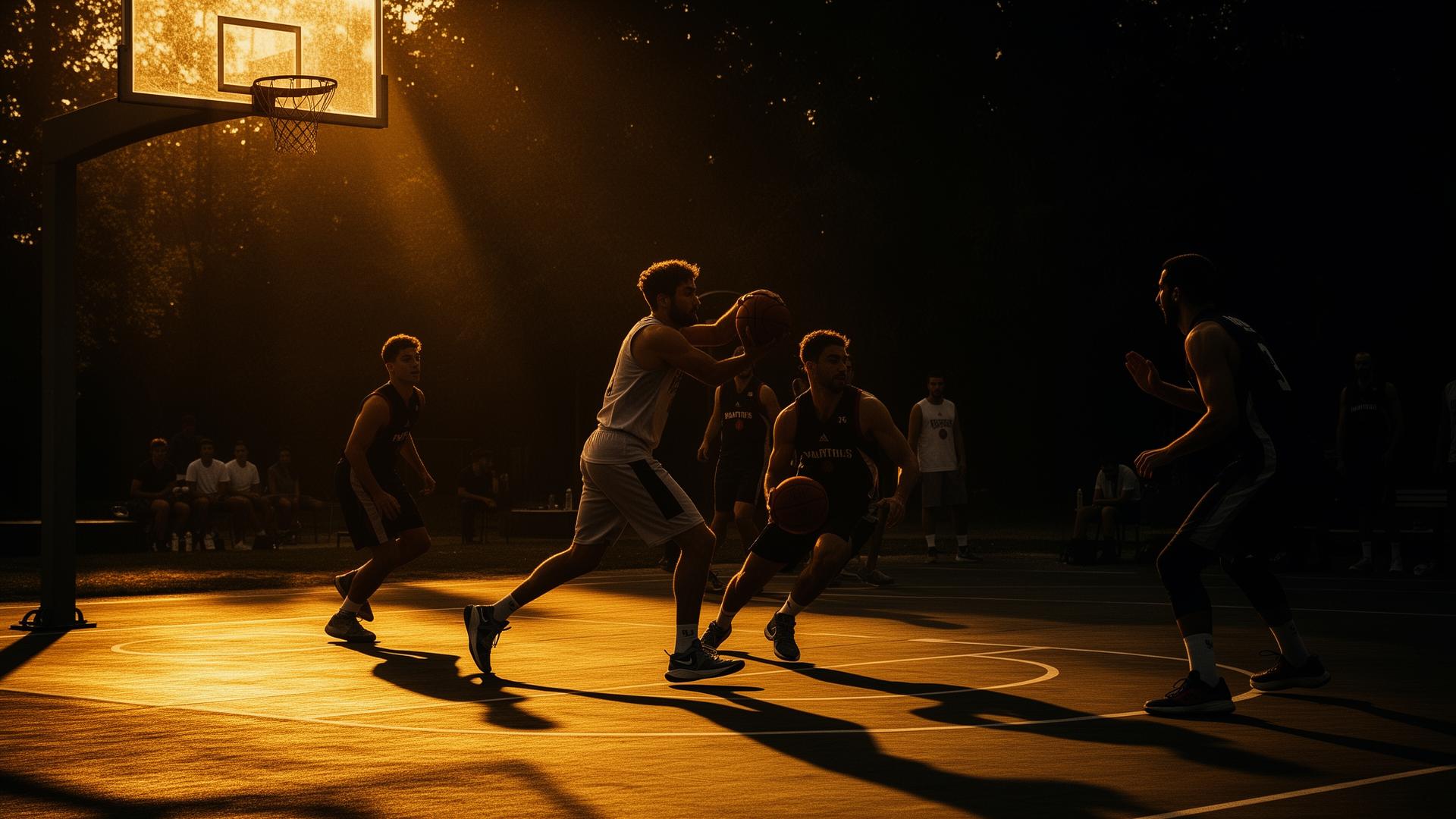 3-on-3 basketball at golden hour